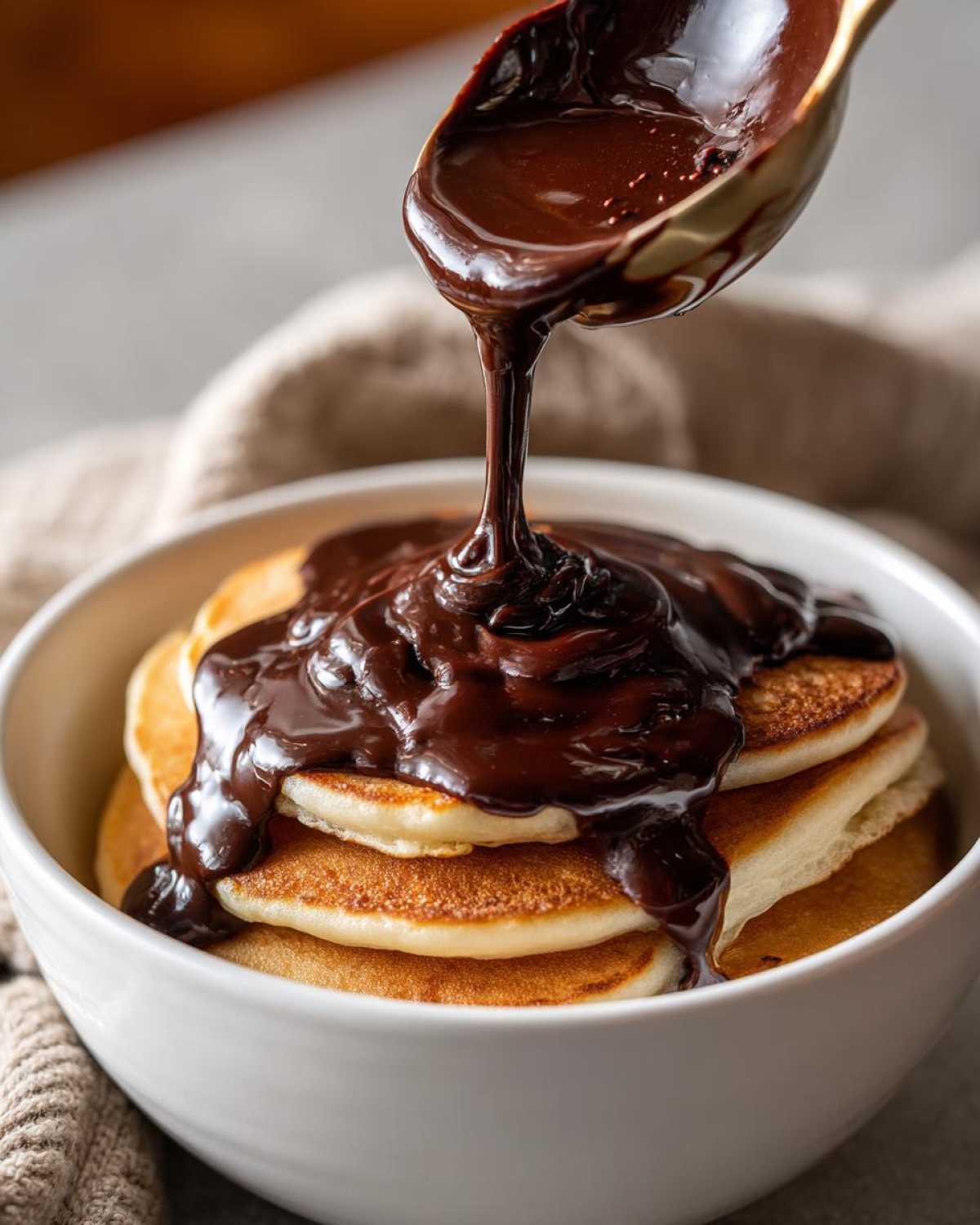 A spoonful of thick, glossy chocolate sauce recipe being poured over a stack of fluffy pancakes in a white bowl.