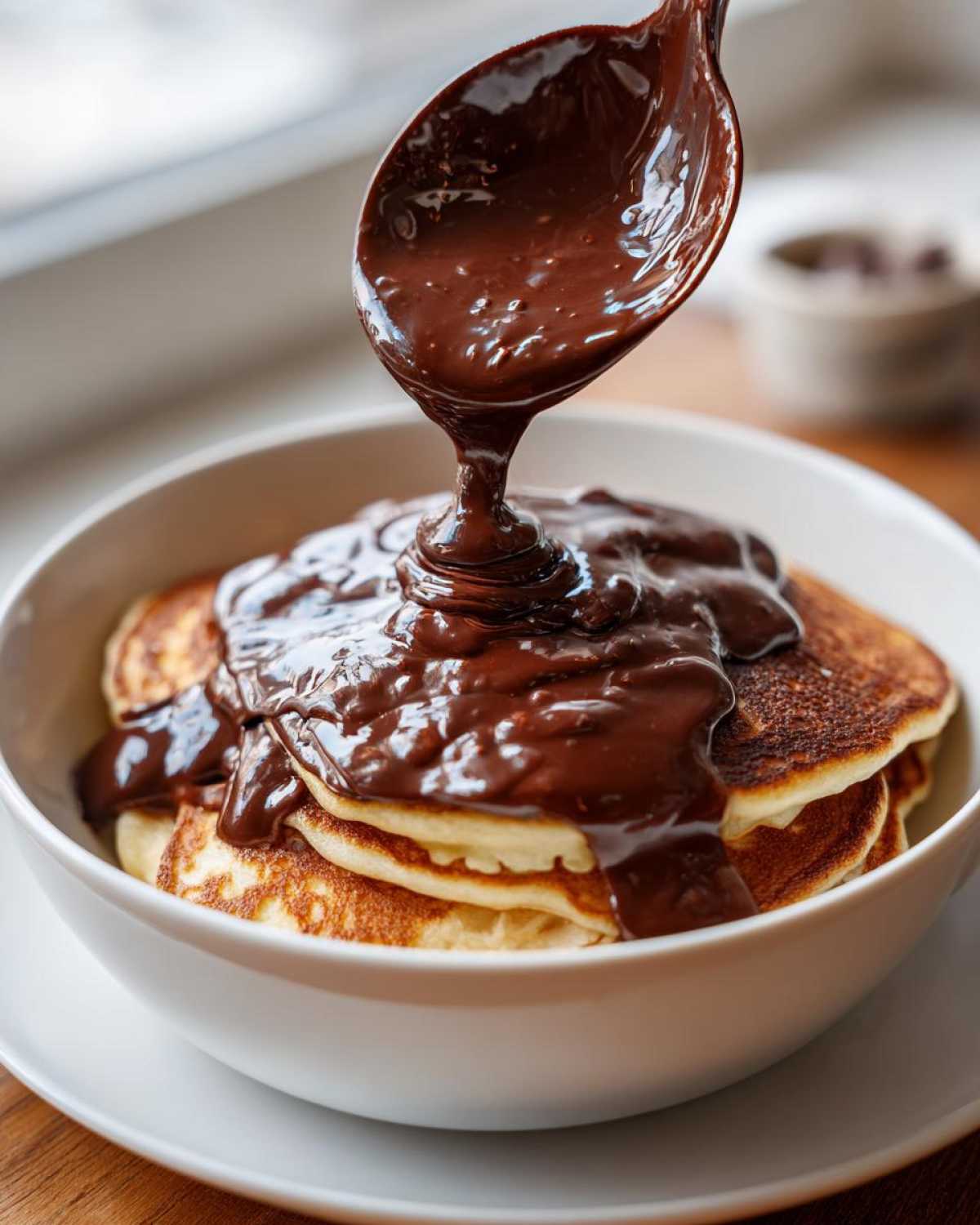 A spoonful of thick, glossy chocolate sauce recipe being poured over a stack of golden pancakes in a white bowl.
