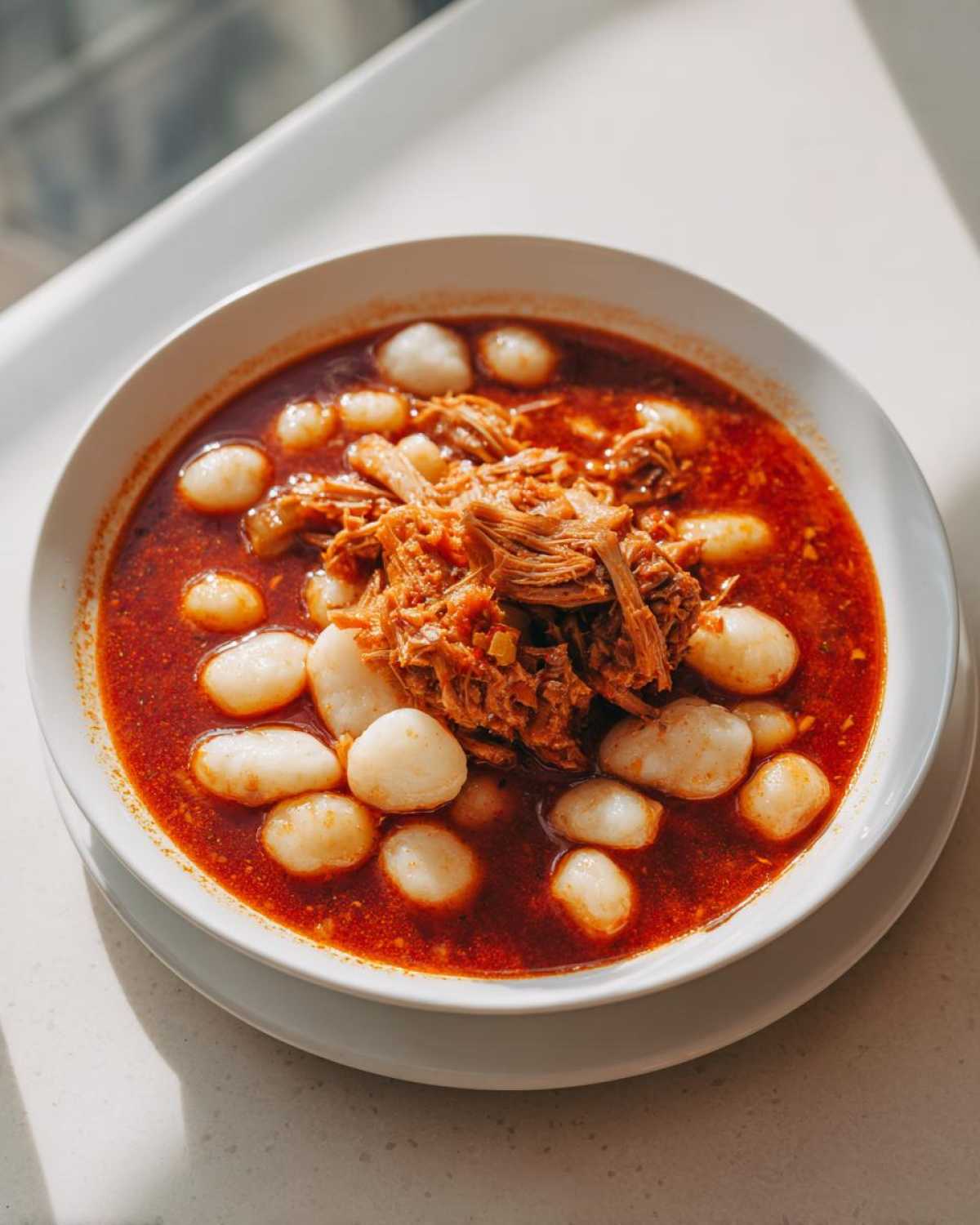 A close-up of a bowl of vibrant red Pozole rojo topped with shredded pork and white hominy kernels.