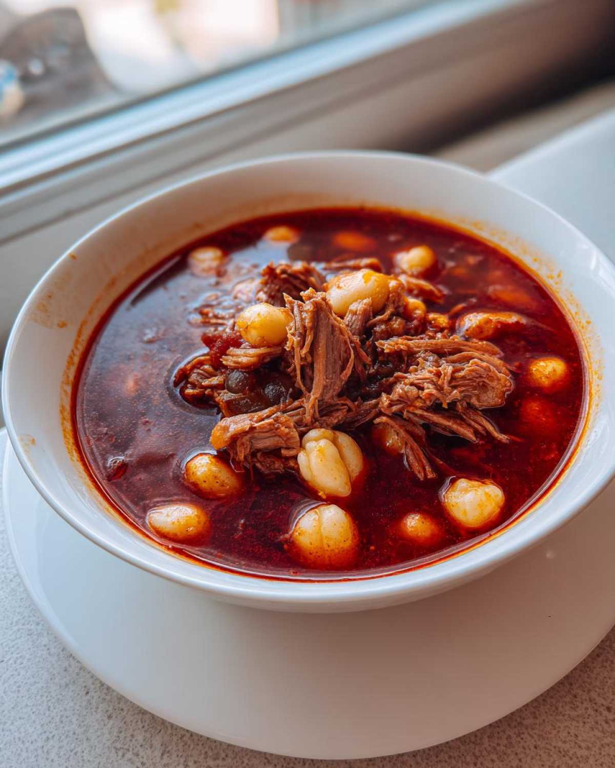 Close-up of a white bowl filled with rich, dark red Pozole rojo, featuring shredded meat and large hominy kernels.