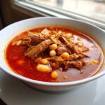 Close-up of a steaming bowl of rich, red Pozole rojo with shredded pork and hominy kernels.