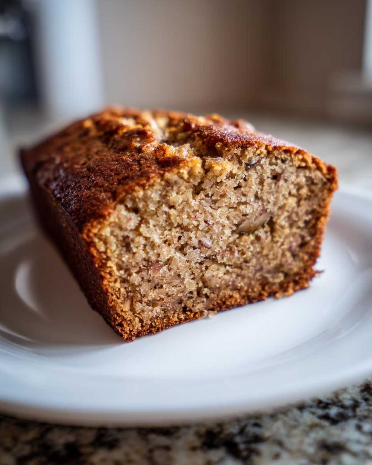 Close-up of a thick slice of moist protein banana bread with a golden-brown crust, served on a white plate.