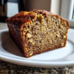 Close-up of a moist slice of protein banana bread showing its texture and visible walnut pieces.
