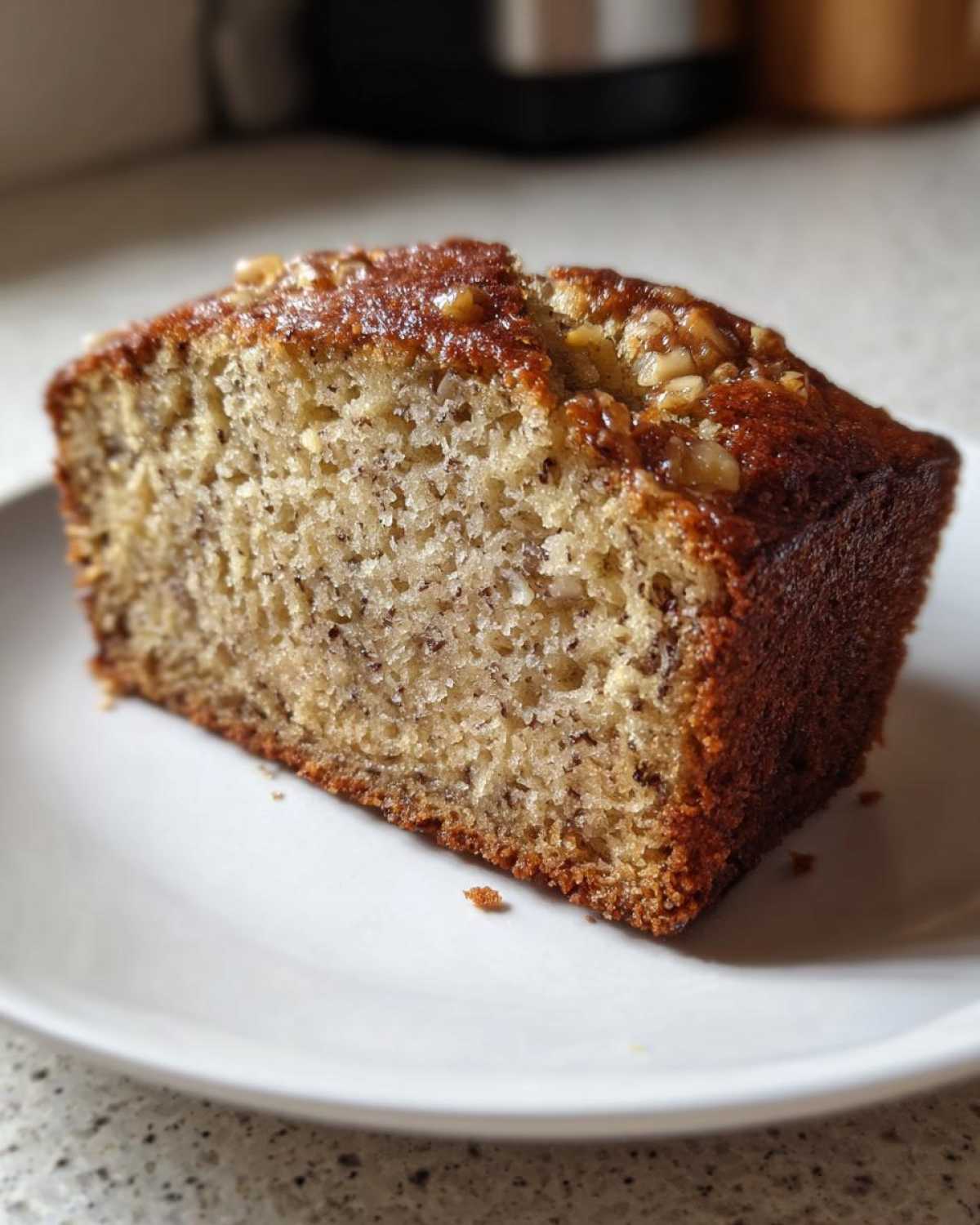 Close-up of a moist slice of protein banana bread topped with glazed walnuts on a white plate.