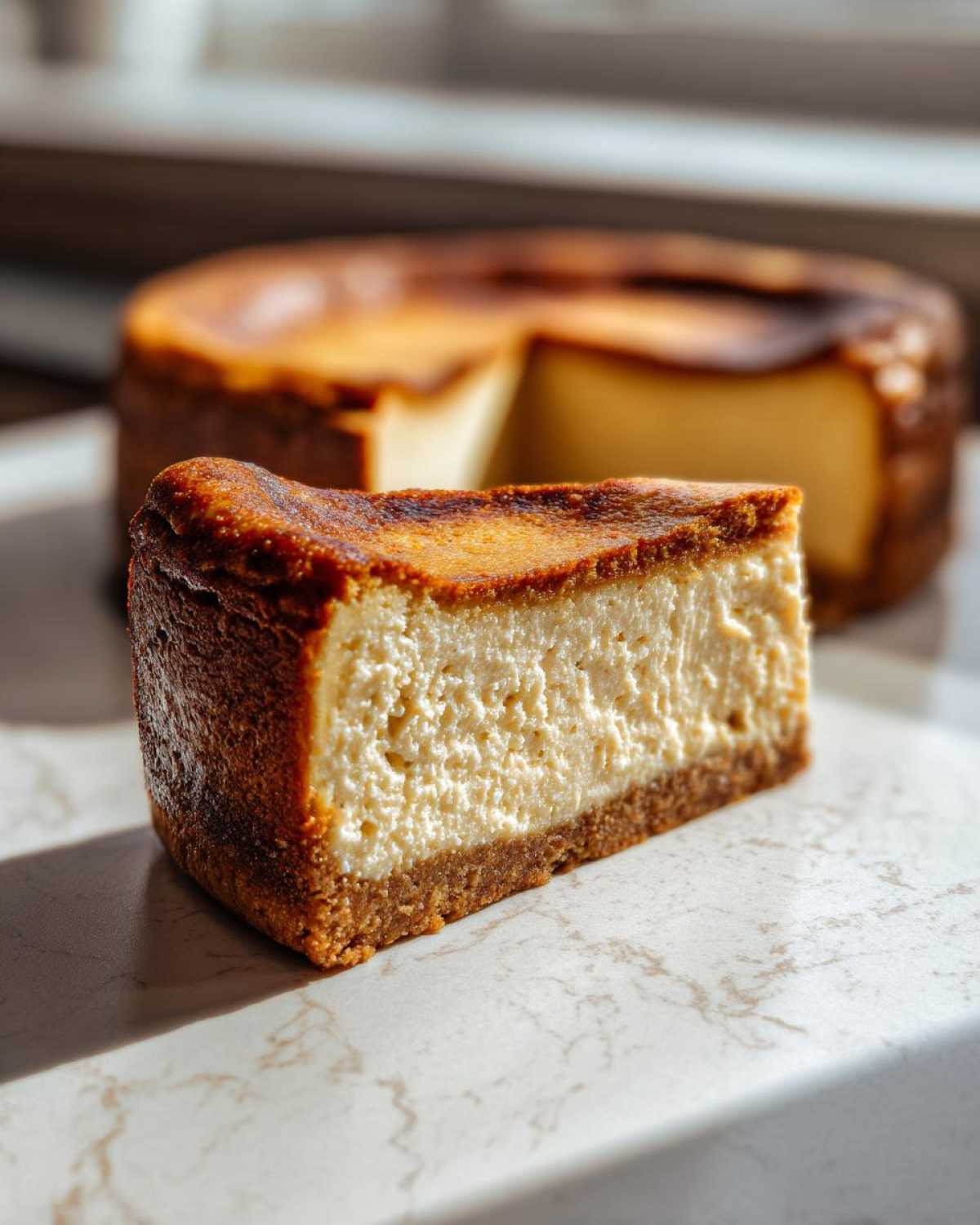 A thick slice of baked Protein Cheesecake with a dark, caramelized top and graham cracker crust, whole cake blurred in background.