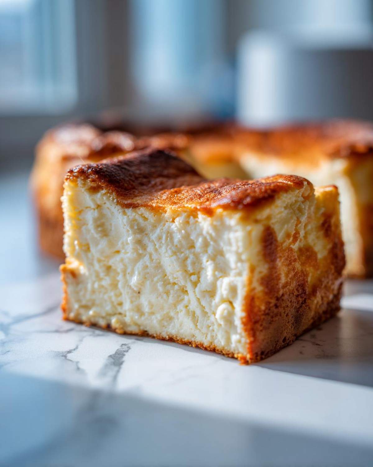Close-up of a thick slice of creamy Protein Cheesecake with a deeply caramelized, slightly burnt top.