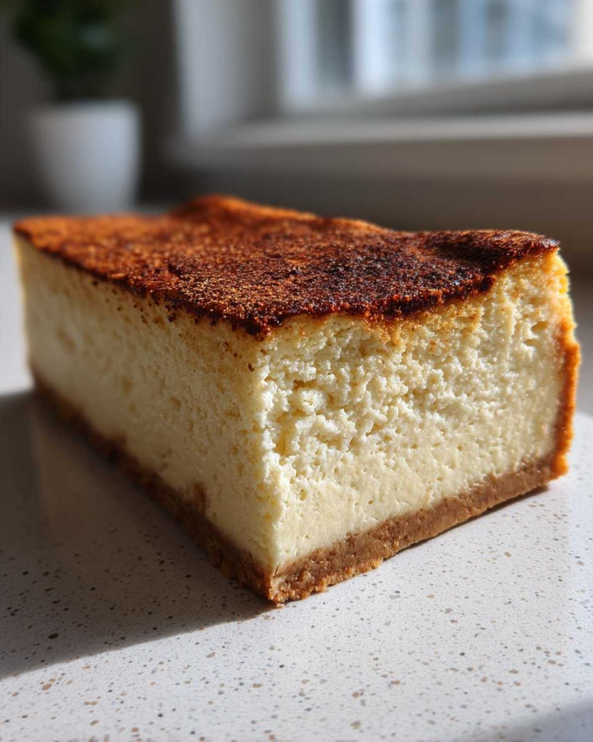 A close-up side view of a thick slice of Protein Cheesecake showing the creamy filling and graham cracker crust.
