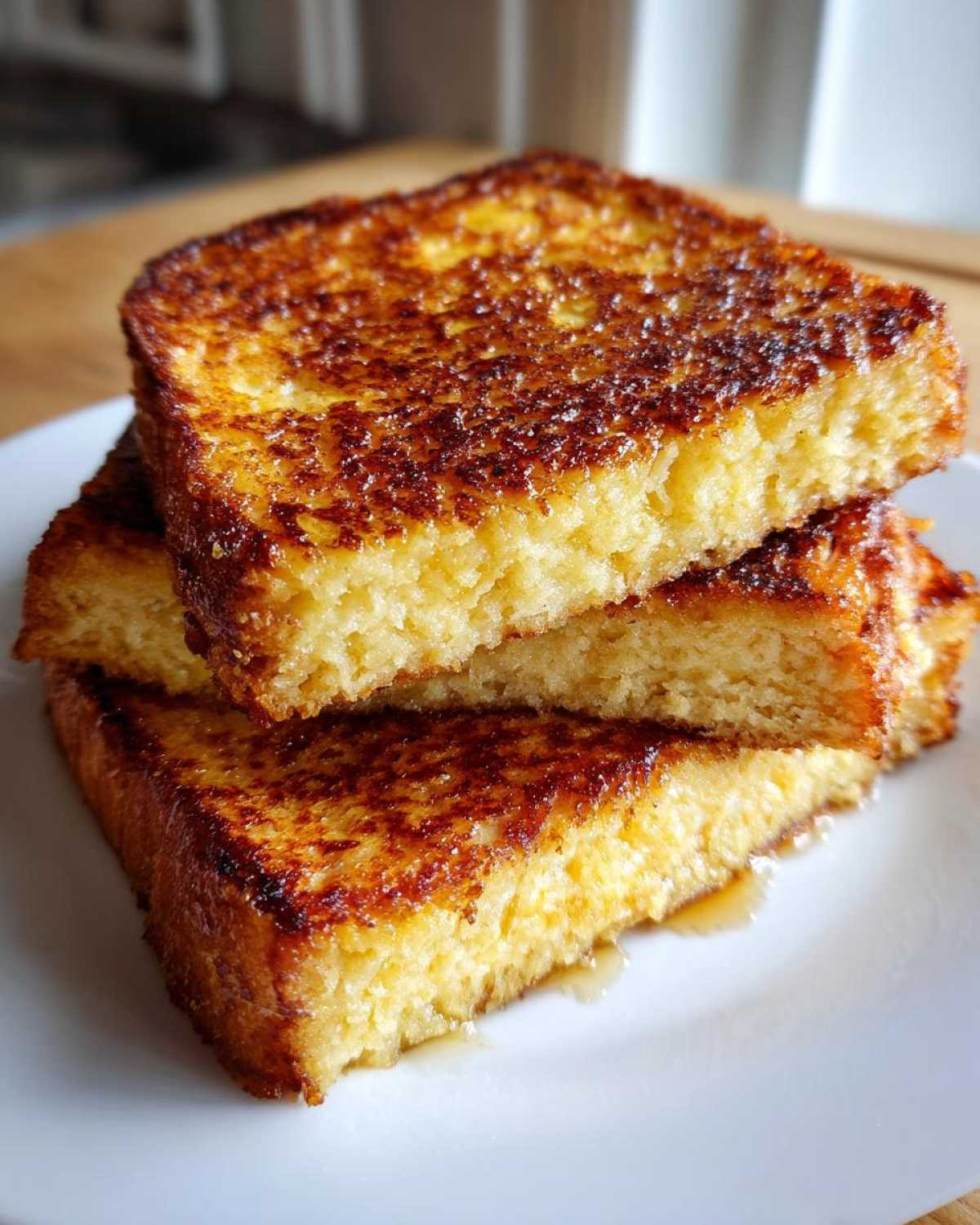 Close-up of three thick slices of golden brown protein french toast stacked on a white plate.