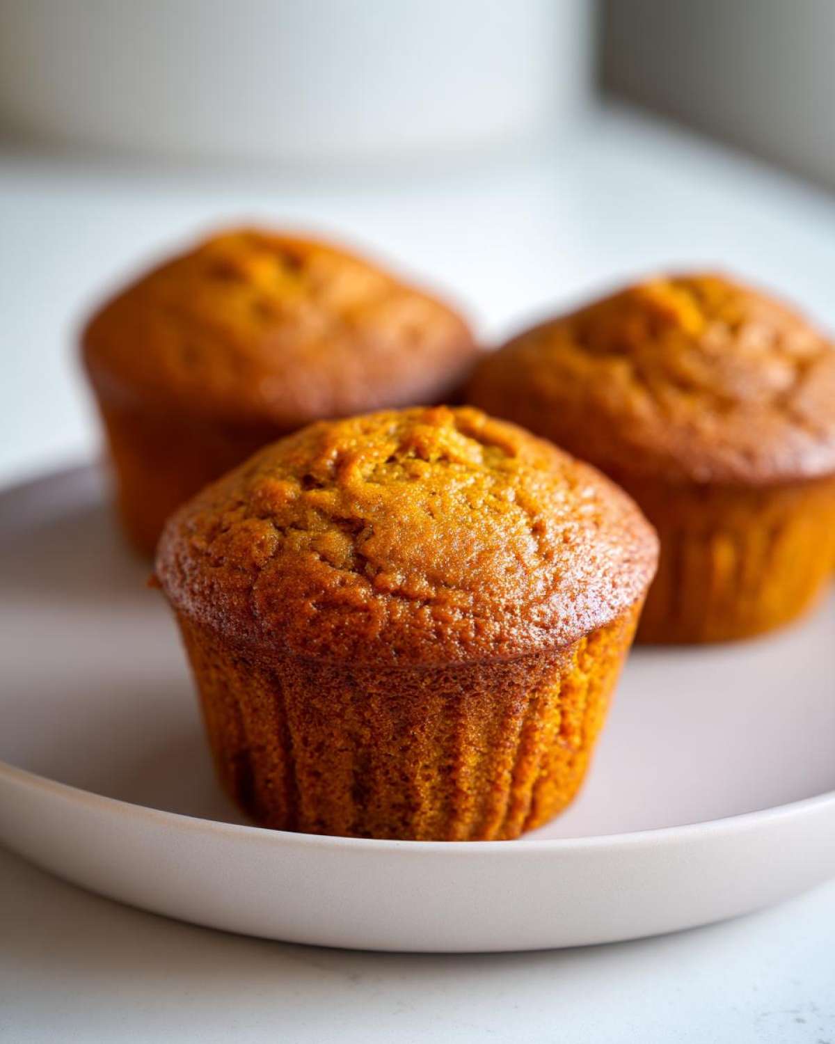 Three golden-brown protein pumpkin muffins displayed closely on a light-colored plate.