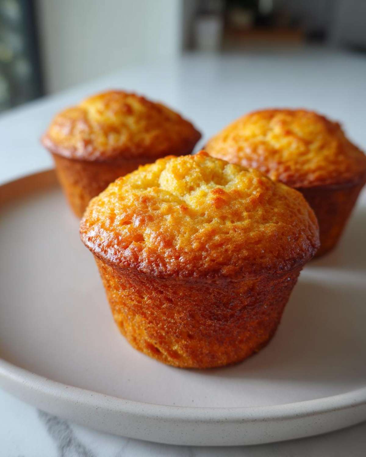 Three golden-brown protein pumpkin muffins resting on a pale plate with a blurred background.