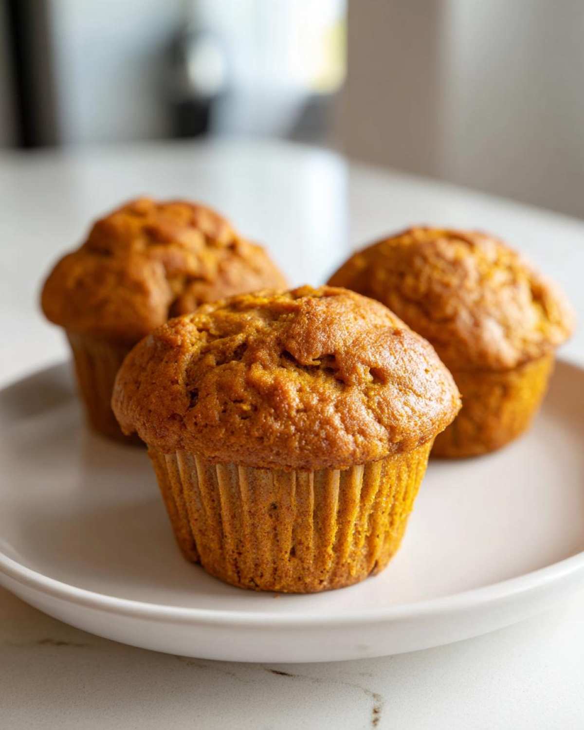 Three golden brown protein pumpkin muffins sitting on a white plate with a blurred kitchen background.