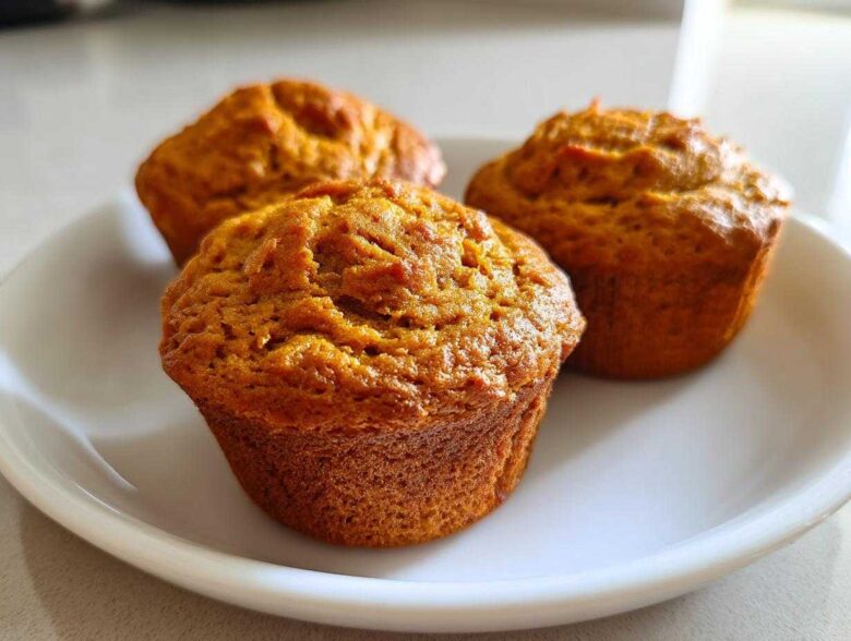 Three golden-brown protein pumpkin muffins sitting on a white plate, ready to eat.