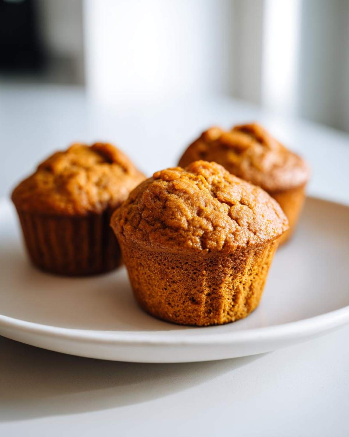 Close-up of three golden brown protein pumpkin muffins resting on a light-colored plate.
