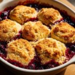 Close-up of a freshly baked berry cobbler with golden, biscuit-like topping bubbling over dark purple fruit filling.