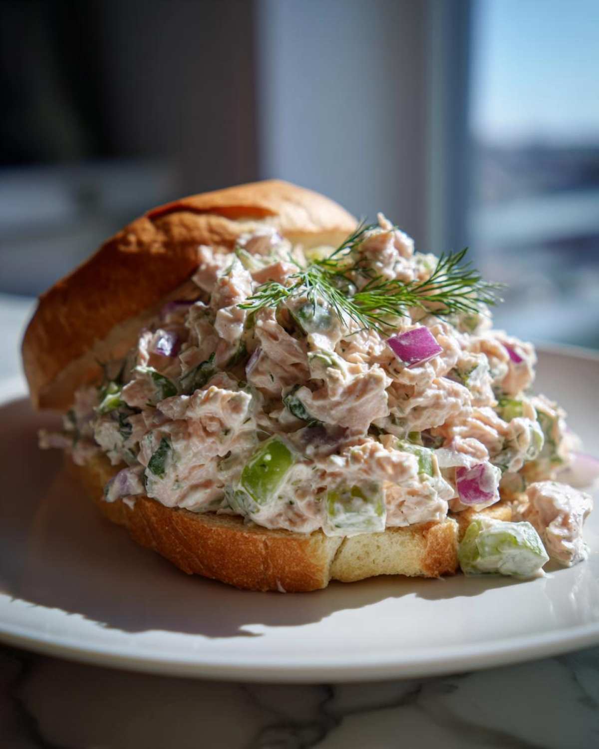 A generous serving of creamy salmon salad with celery and red onion piled high on a toasted roll, garnished with dill.