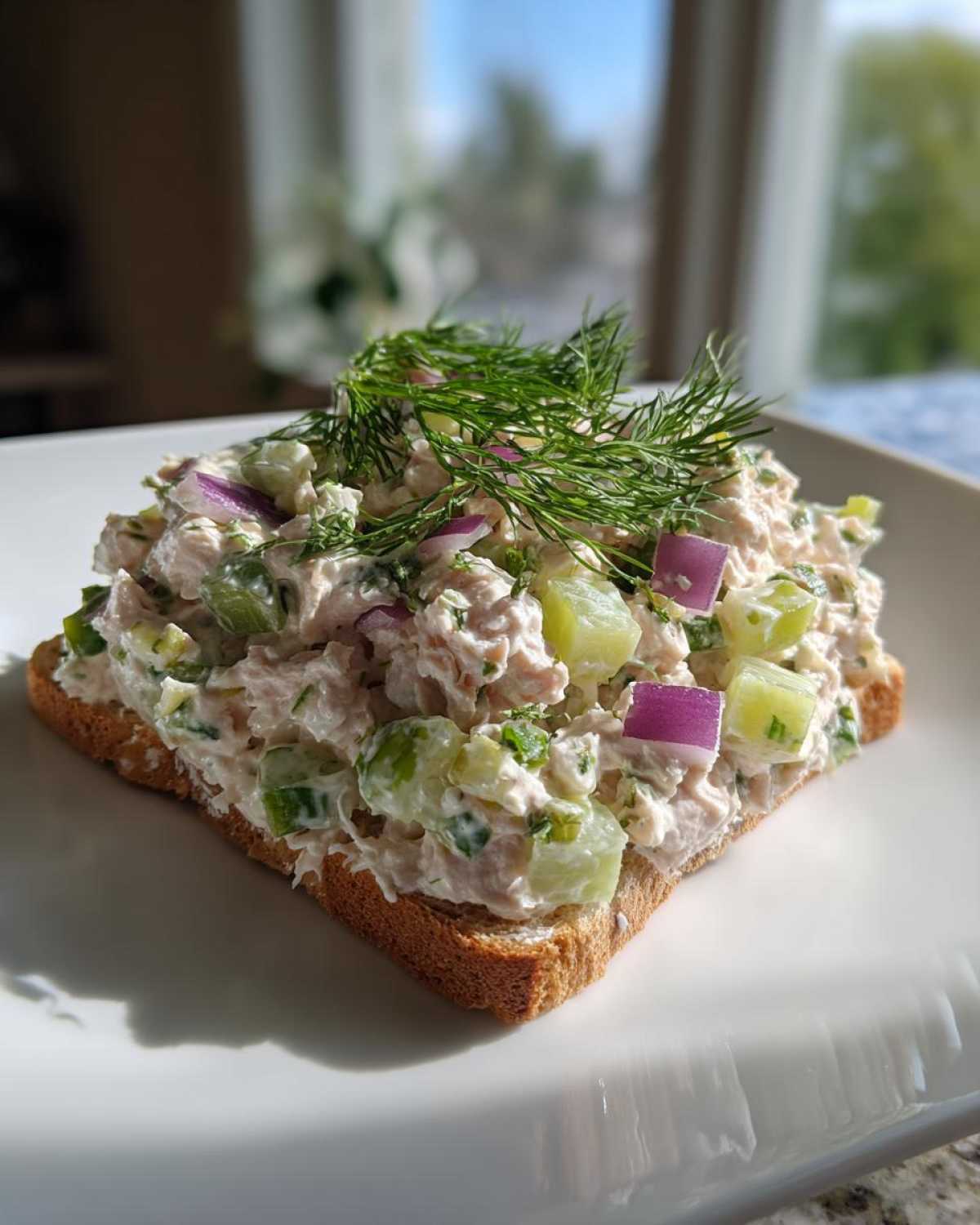 A generous serving of creamy salmon salad with cucumber and red onion on a slice of toast, topped with fresh dill.