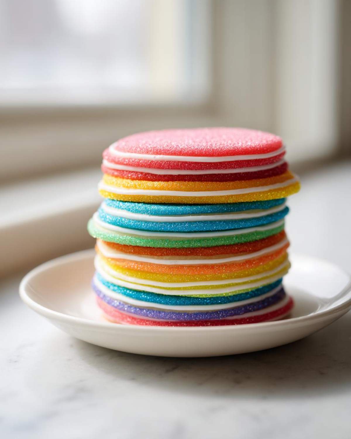 Stack of colorful, round cookies decorated with thick, hard cookie icing in rainbow colors.