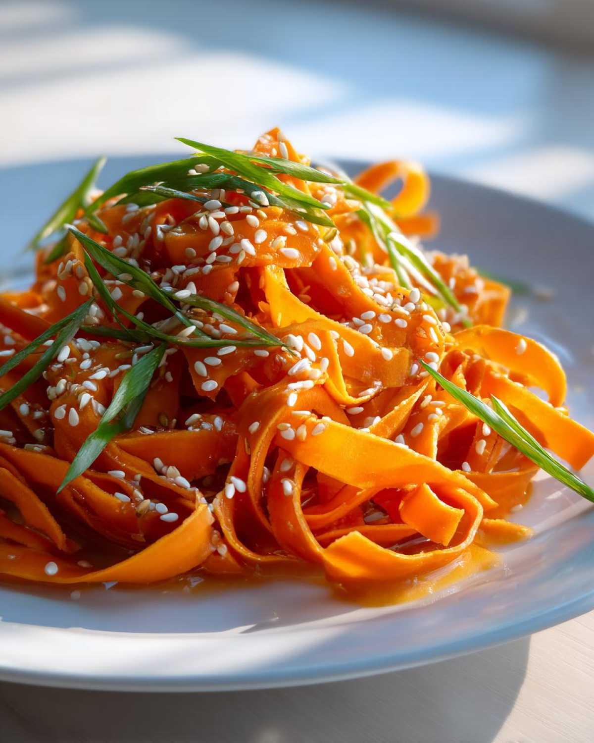 Close-up of vibrant raw carrot salad ribbons topped with sesame seeds and green onions.