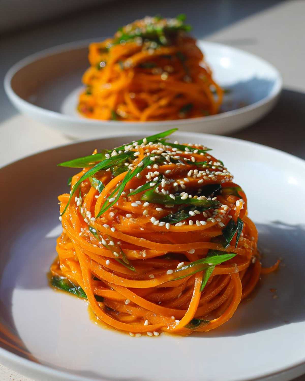 A mound of spiraled raw carrot salad, topped with green onions and white sesame seeds, served on a white plate.