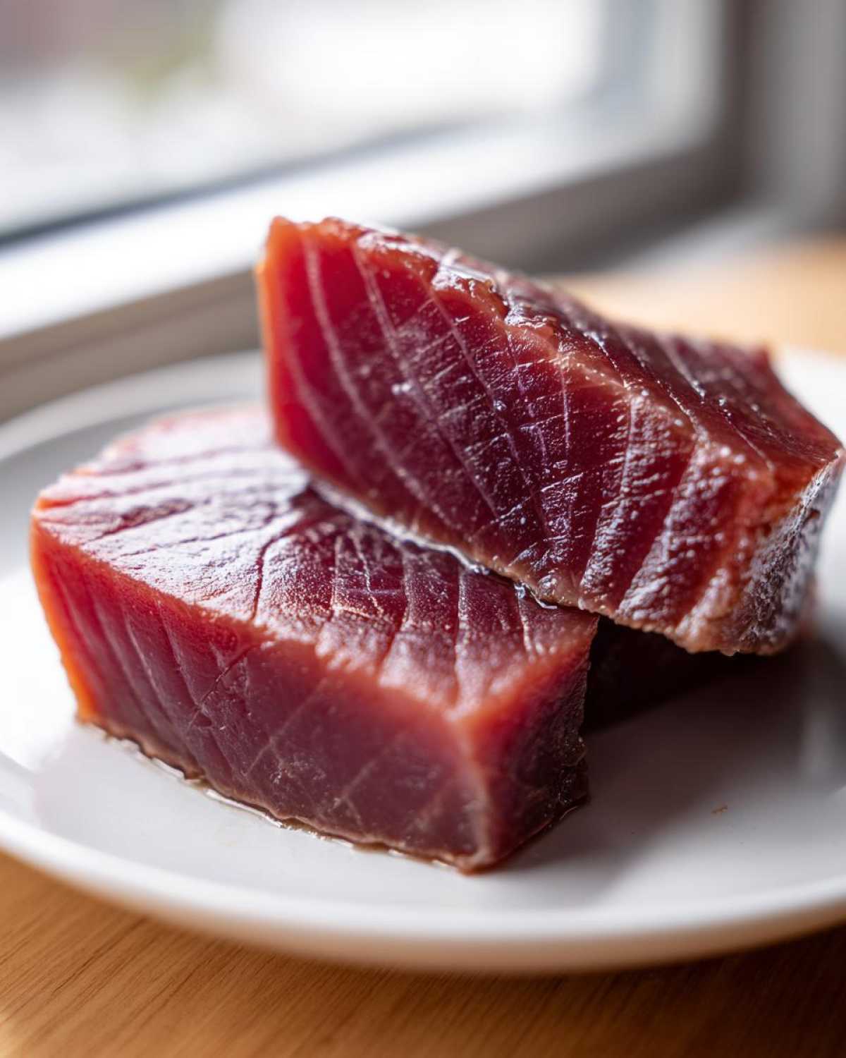 Two thick, deep red cuts of raw tuna steak resting on a white plate, ready for a MARINADE FOR TUNA STEAK.