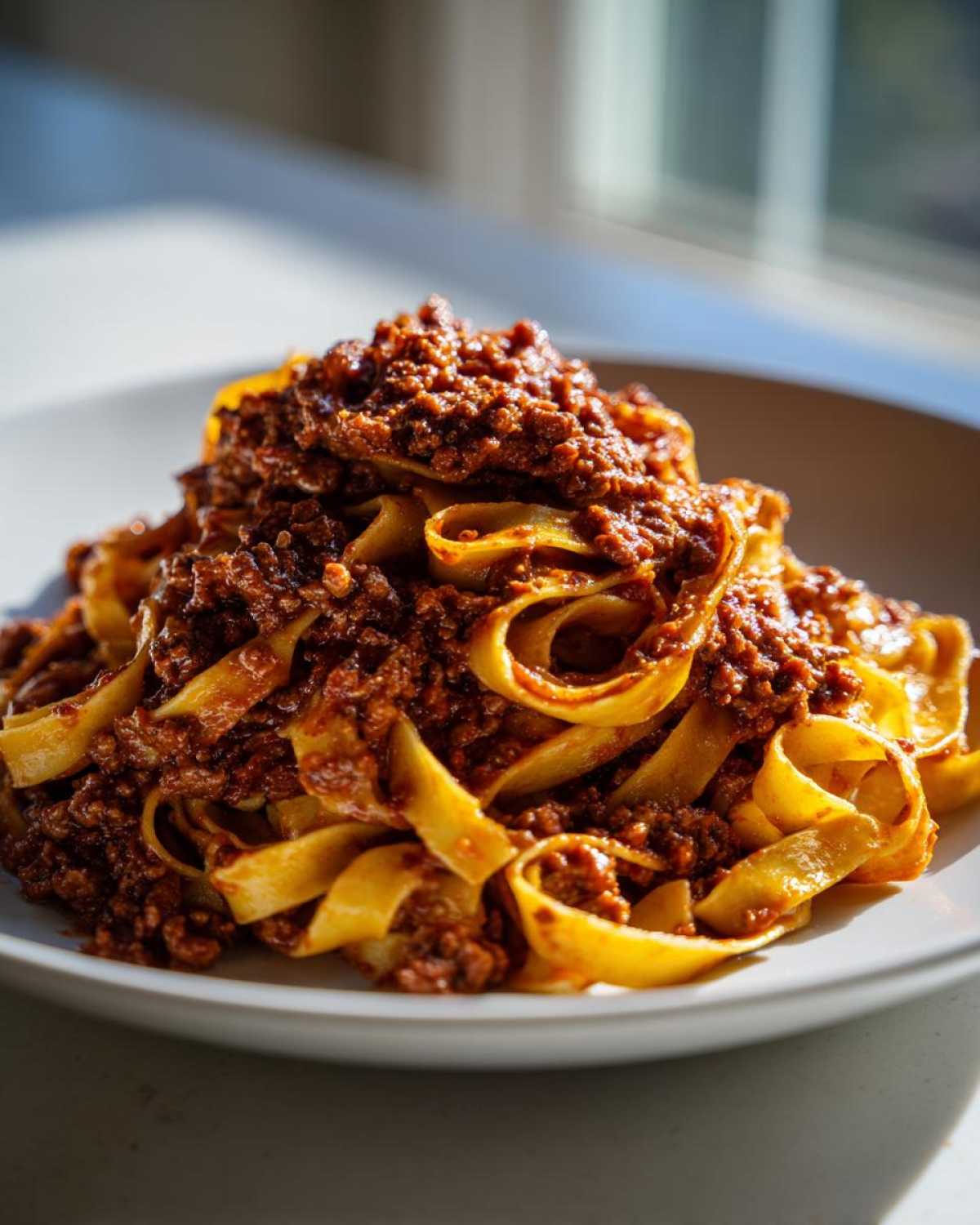Close-up of rich, meaty bolognese sauce generously coating wide ribbons of fresh pasta on a white plate.
