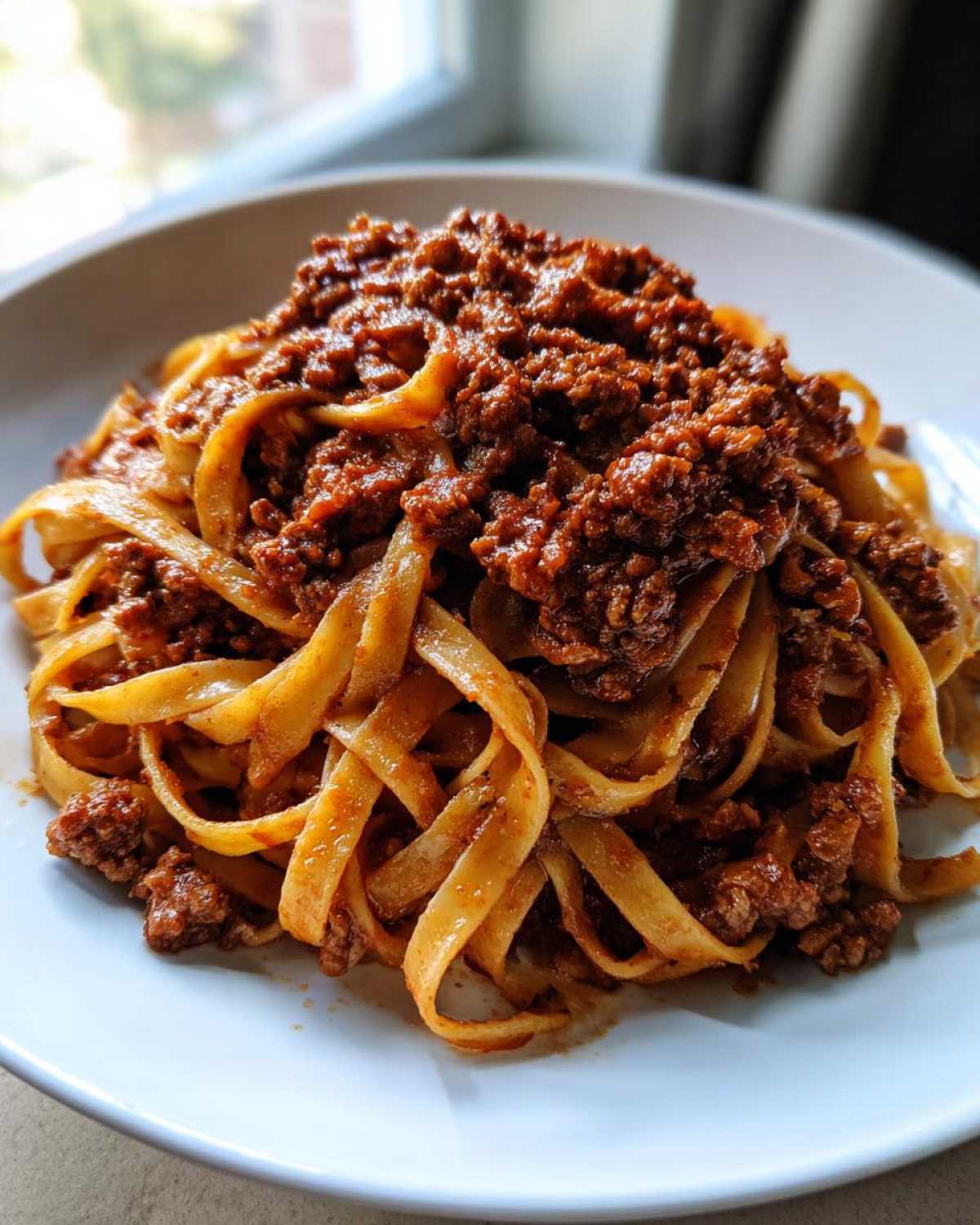 A close-up of fresh tagliatelle pasta generously topped with rich, meaty bolognese sauce on a white plate.