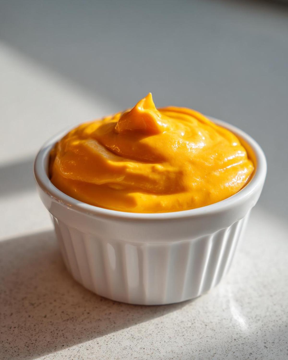 A close-up of thick, bright orange nacho cheese sauce swirled into a small white ramekin.