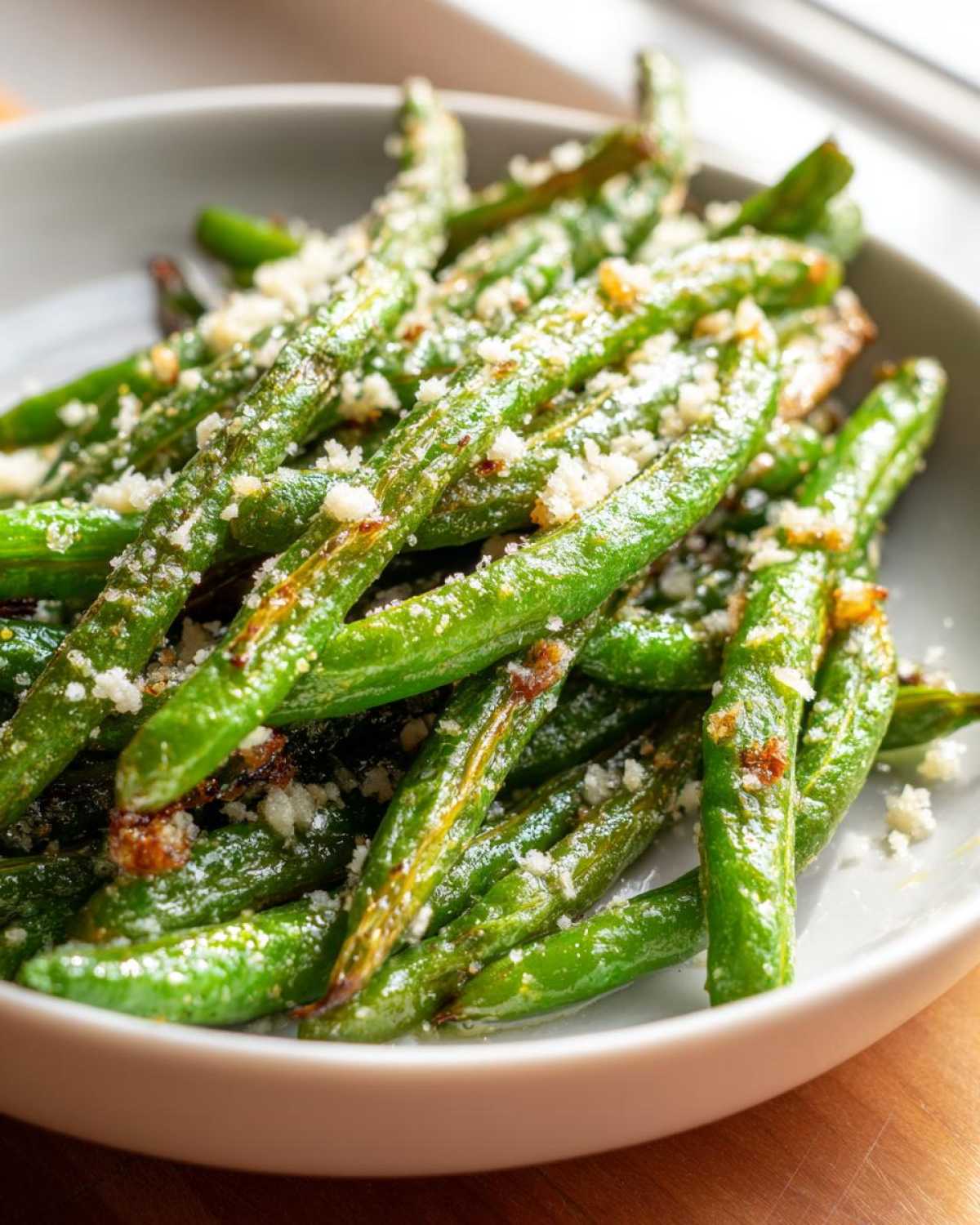 Close-up of vibrant roasted green beans topped with grated Parmesan cheese.