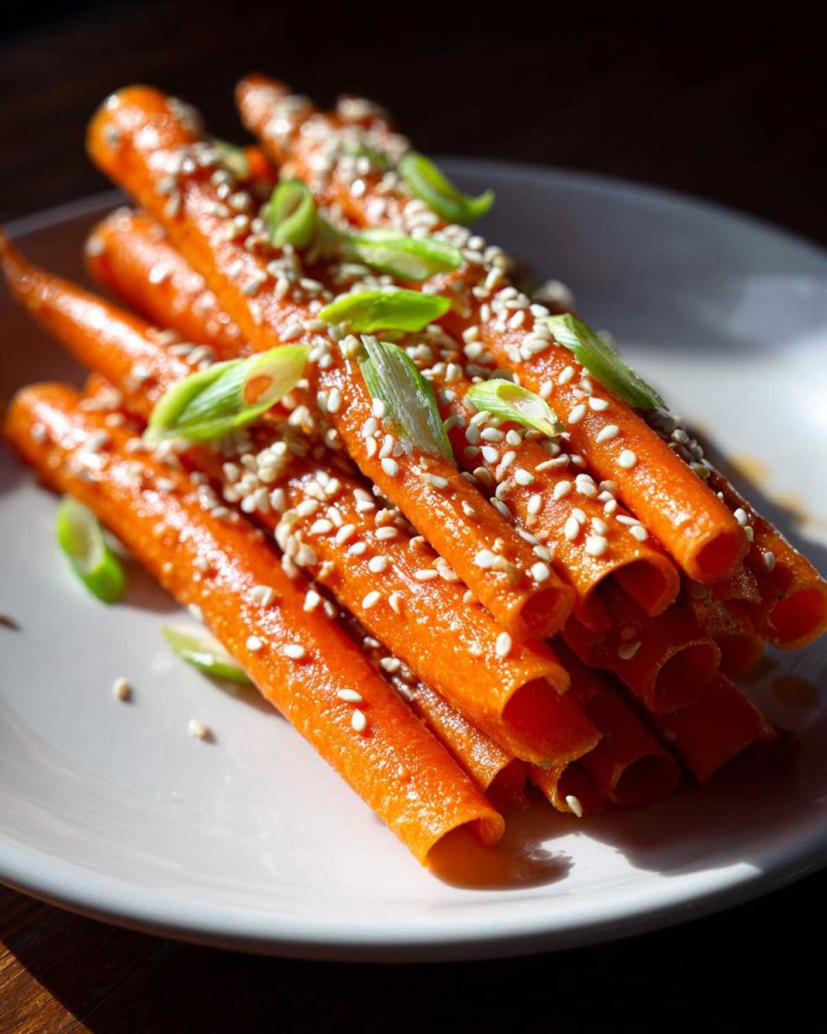 Close-up of rolled ribbons of a raw carrot salad, glazed and topped with white sesame seeds and green onions.