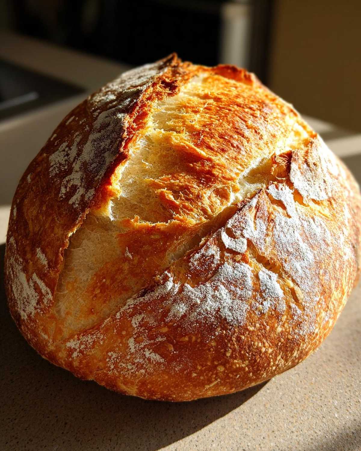 A rustic, round loaf of Italian bread with a deeply scored, golden-brown, flour-dusted crust, highlighted by strong sunlight.