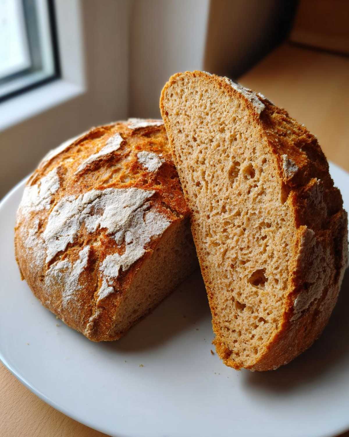 A rustic, round loaf of whole wheat bread, cut in half to show the brown, airy crumb texture.