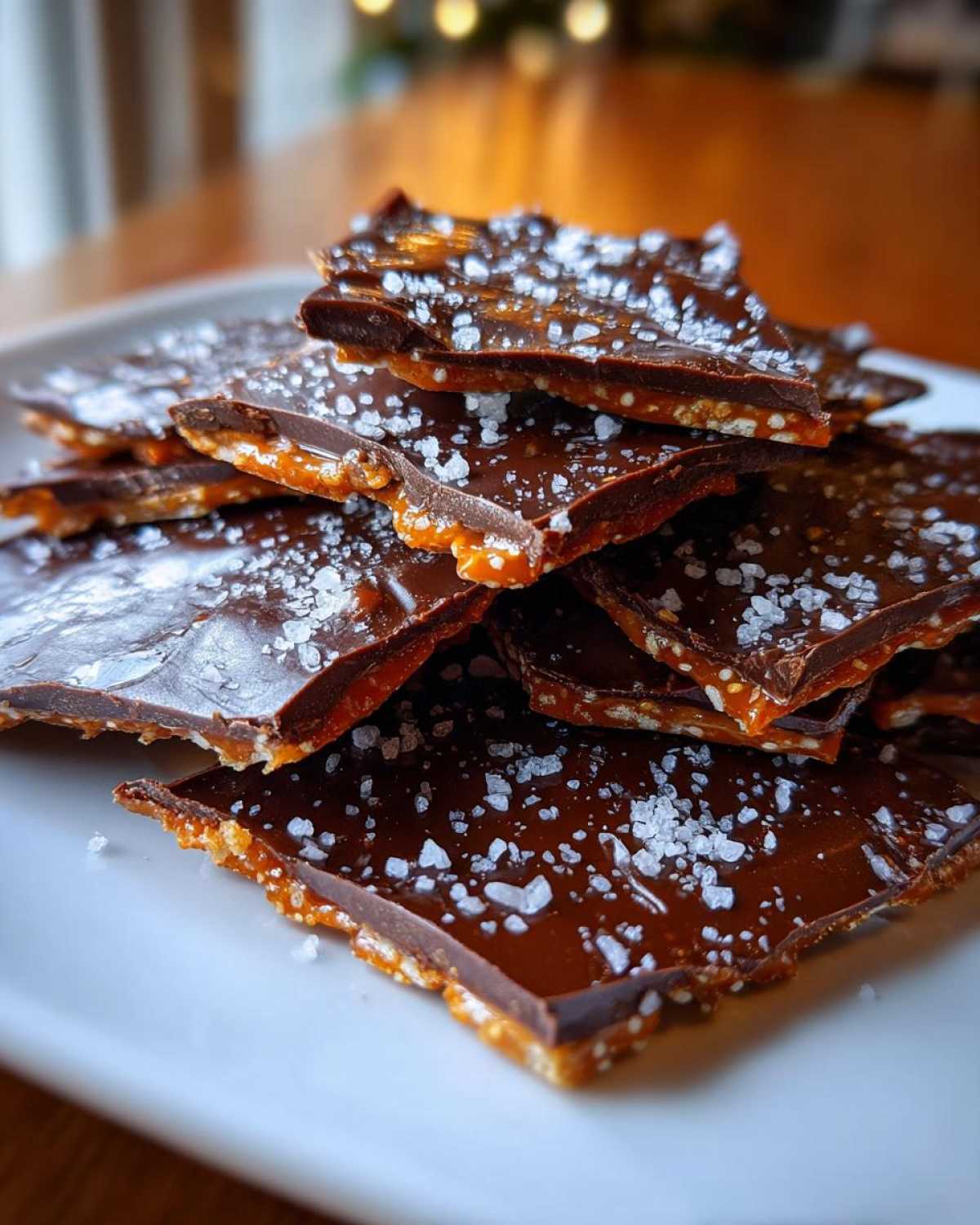 Close-up of broken pieces of saltine cracker toffee topped with dark chocolate and flaky sea salt.