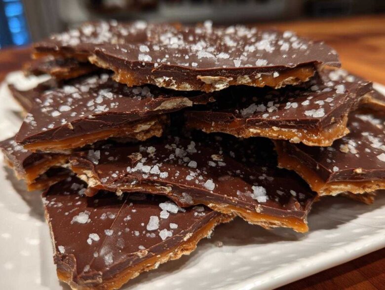Close-up of broken pieces of saltine cracker toffee stacked on a white plate, topped with melted chocolate and flaked sea salt.