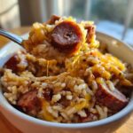 A spoonful of cheesy sausage and rice is lifted from a white bowl, showing melted cheese strings.
