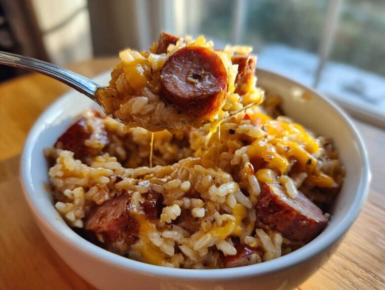 A spoonful of cheesy sausage and rice is lifted from a white bowl, showing melted cheese strings.