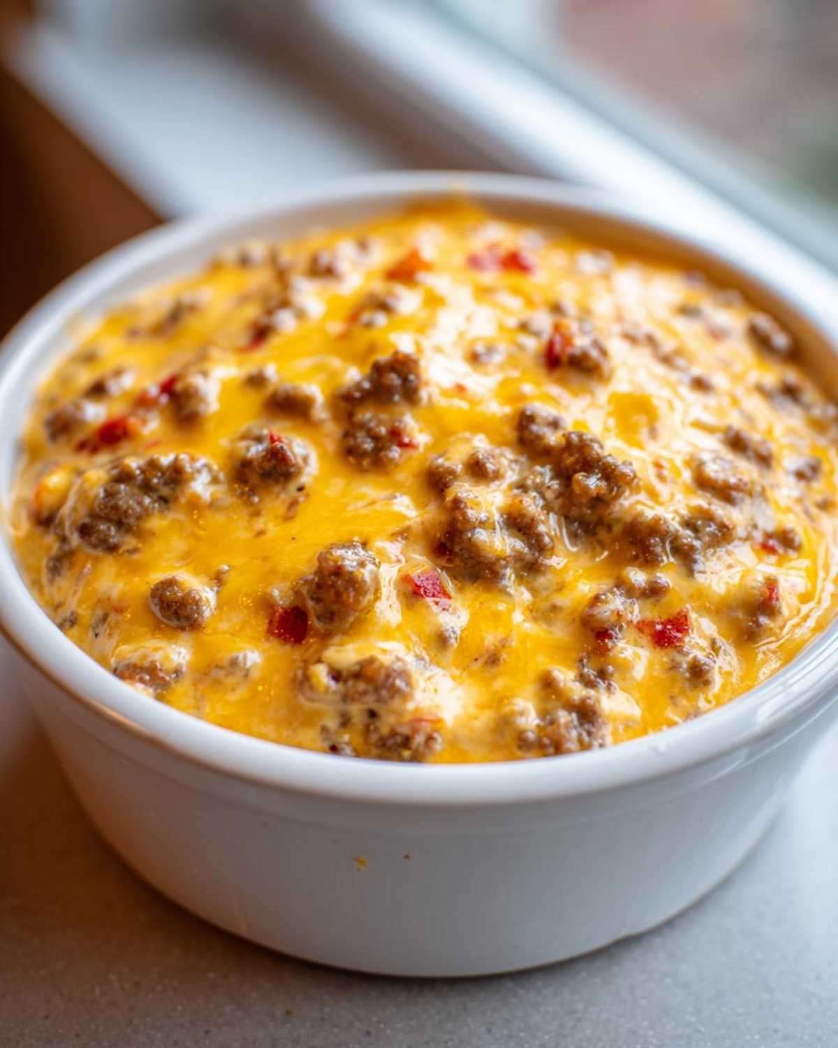 Close-up of bubbling, melted cheddar cheese topping a hearty sausage cheese dip in a white bowl.
