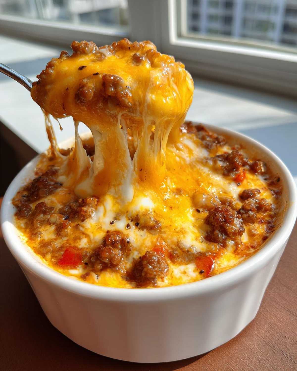A spoonful of hot, gooey sausage cheese dip showing extreme cheese pull, topped with melted cheddar.