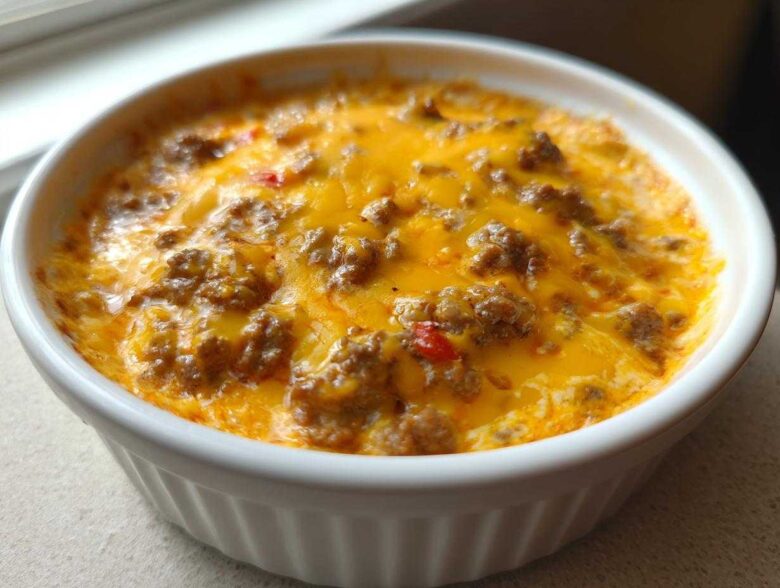 Close-up of a bubbling hot sausage cheese dip topped with melted cheddar cheese in a white ceramic dish.