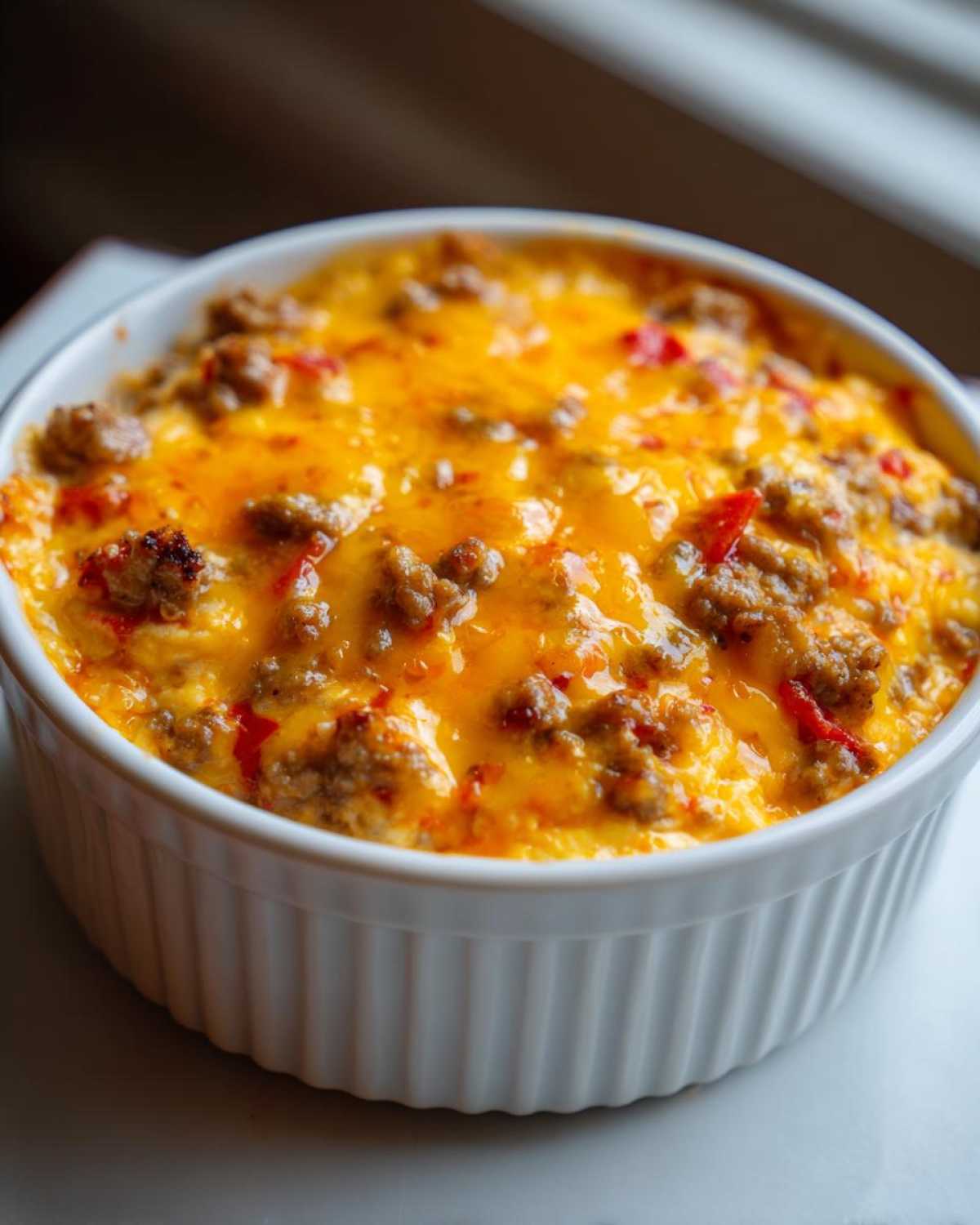 Close-up of a bubbling, baked sausage cheese dip topped with melted orange cheddar cheese.