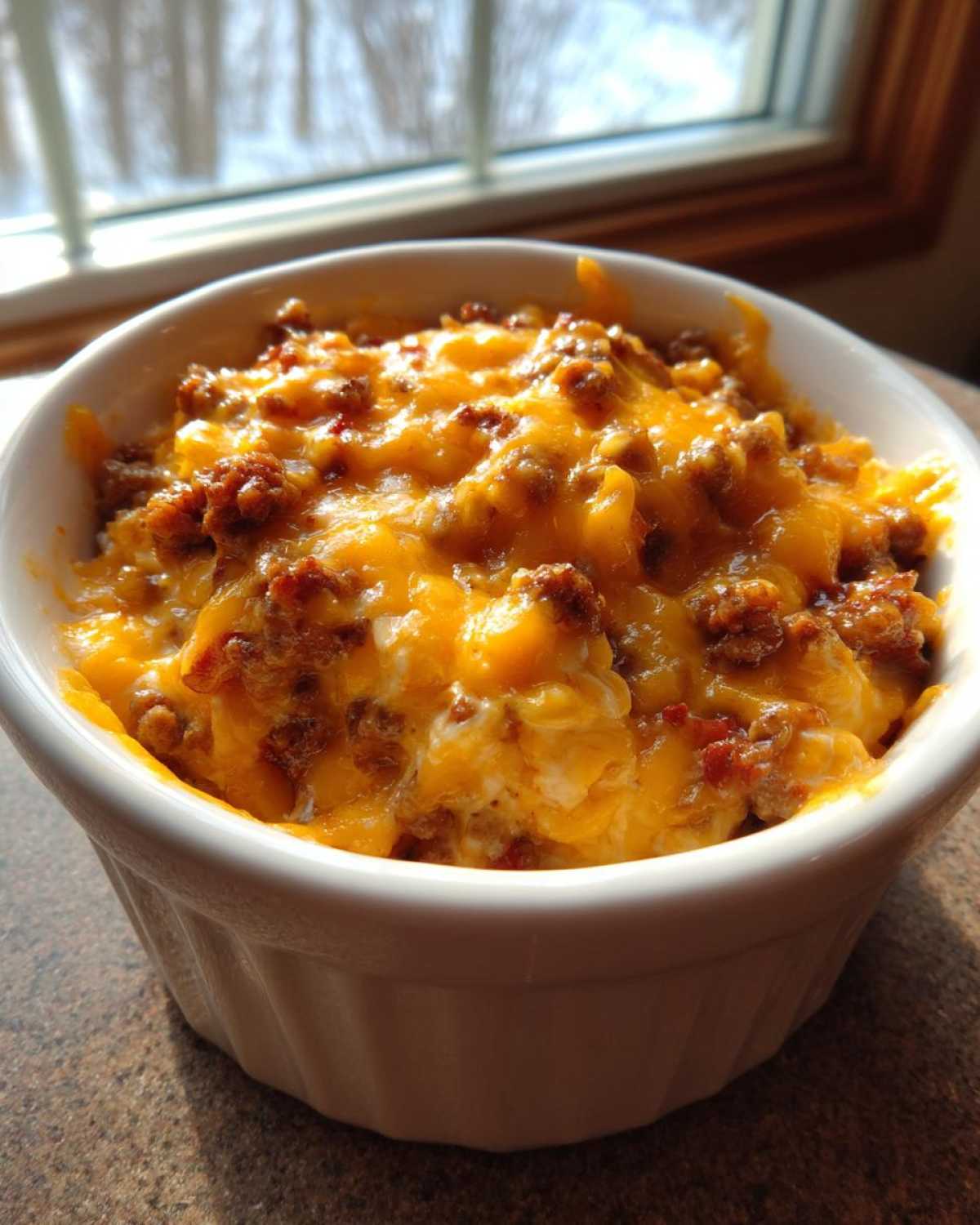 A close-up of hot sausage cheese dip topped with melted cheddar cheese in a white bowl.
