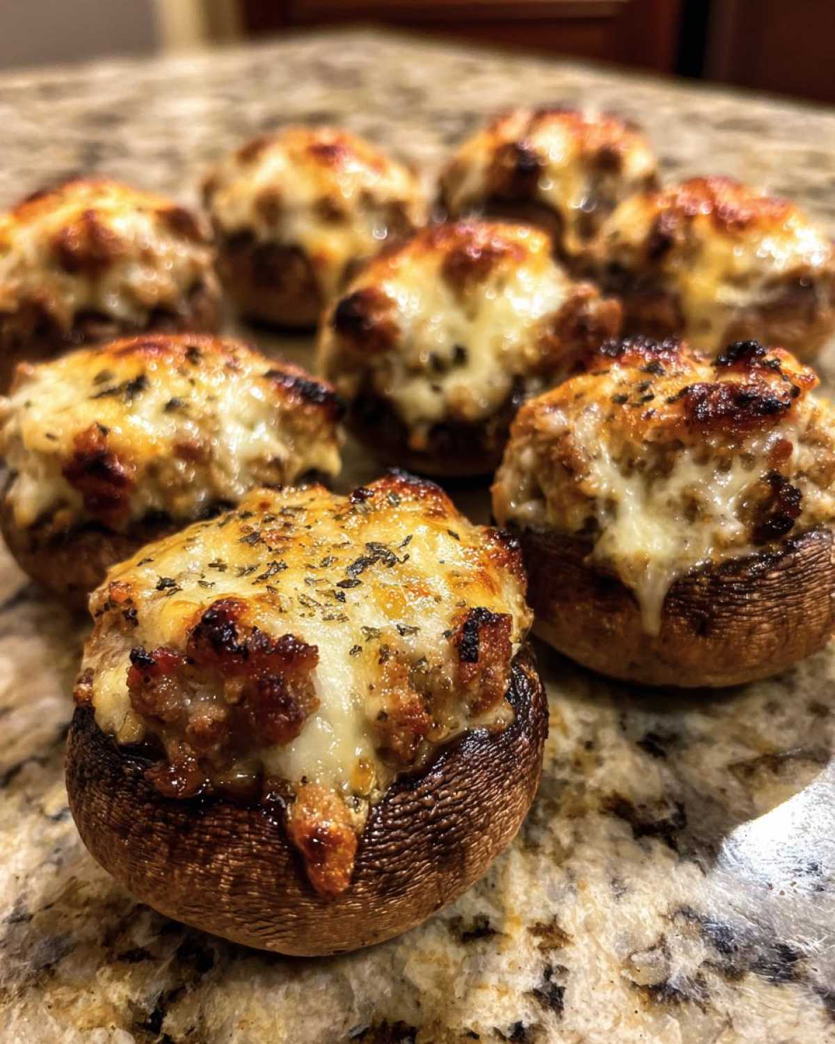 Close-up of several freshly baked sausage stuffed mushrooms topped with browned, melted cheese and herbs.