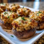 Close-up of perfectly baked sausage stuffed mushrooms topped with melted cheese and parsley.