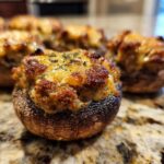 Close-up of a perfectly baked sausage stuffed mushrooms appetizer with a golden-brown, cheesy top.