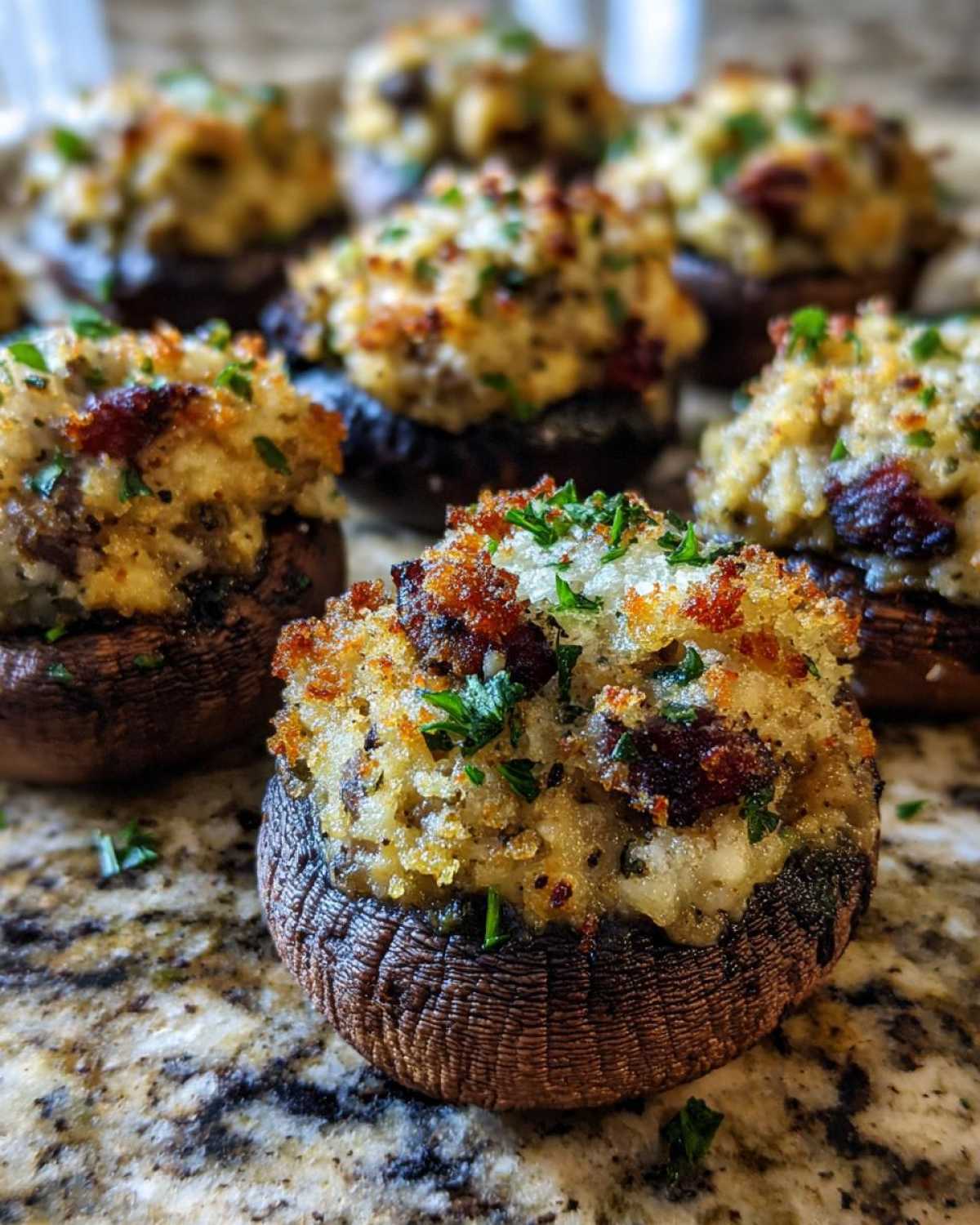 Close-up of perfectly baked sausage stuffed mushrooms with a golden, crispy topping and fresh parsley.