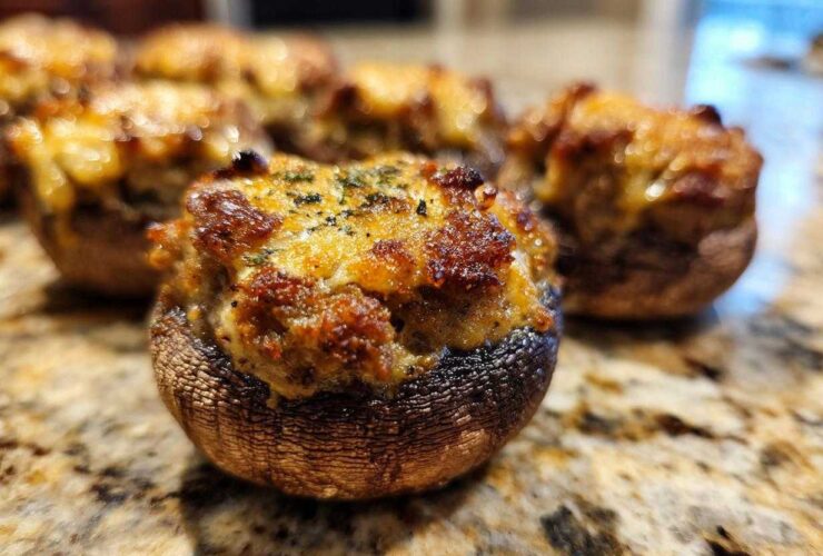 Close-up of a perfectly baked sausage stuffed mushrooms appetizer with a golden-brown, cheesy top.