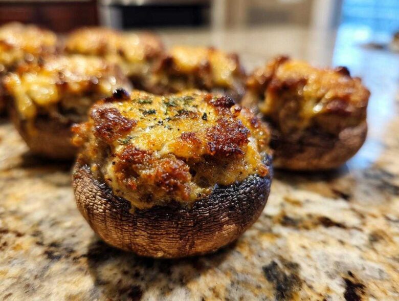 Close-up of a perfectly baked sausage stuffed mushrooms appetizer with a golden-brown, cheesy top.