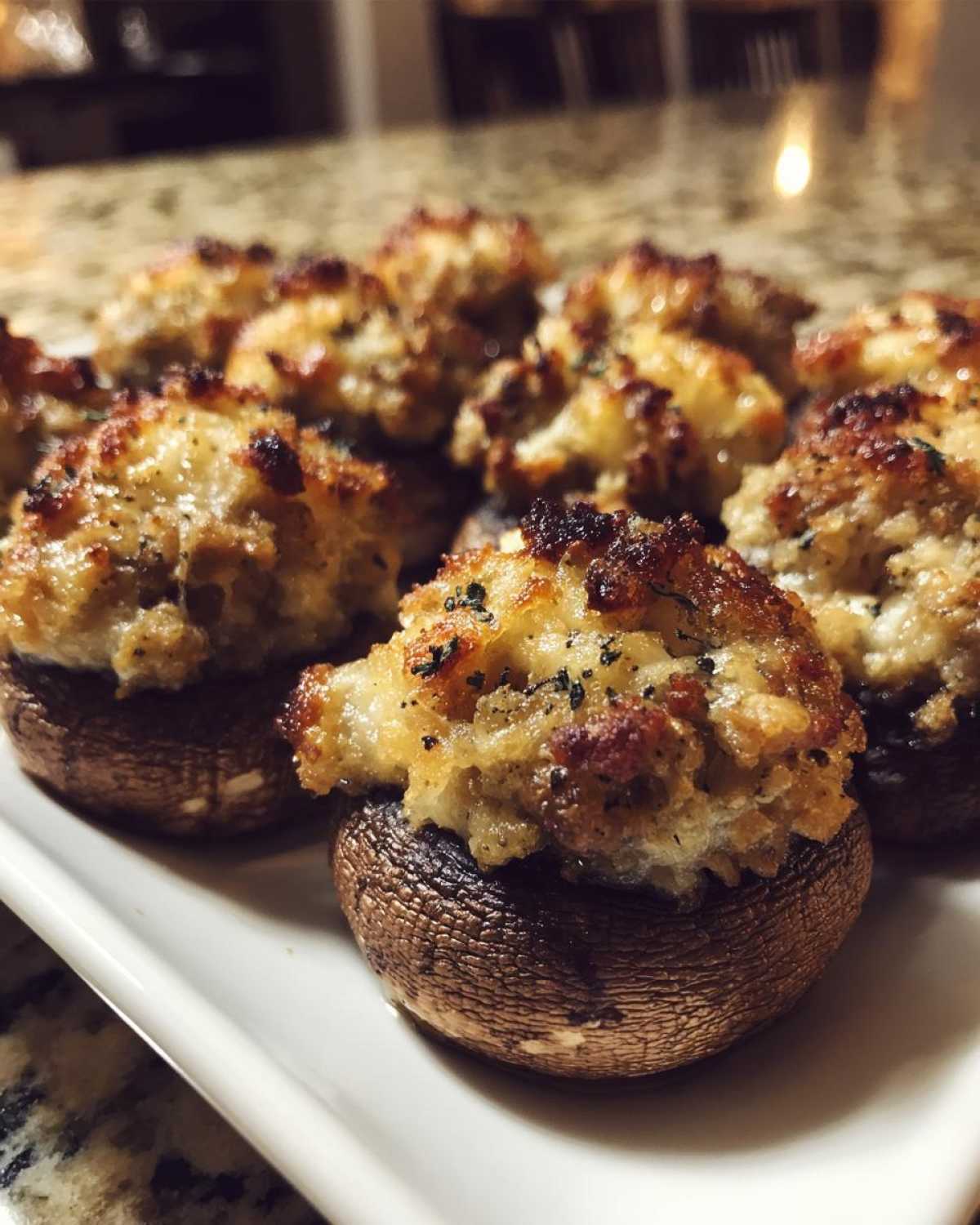 Close-up of baked sausage stuffed mushrooms with golden, browned tops, served on a white rectangular platter.