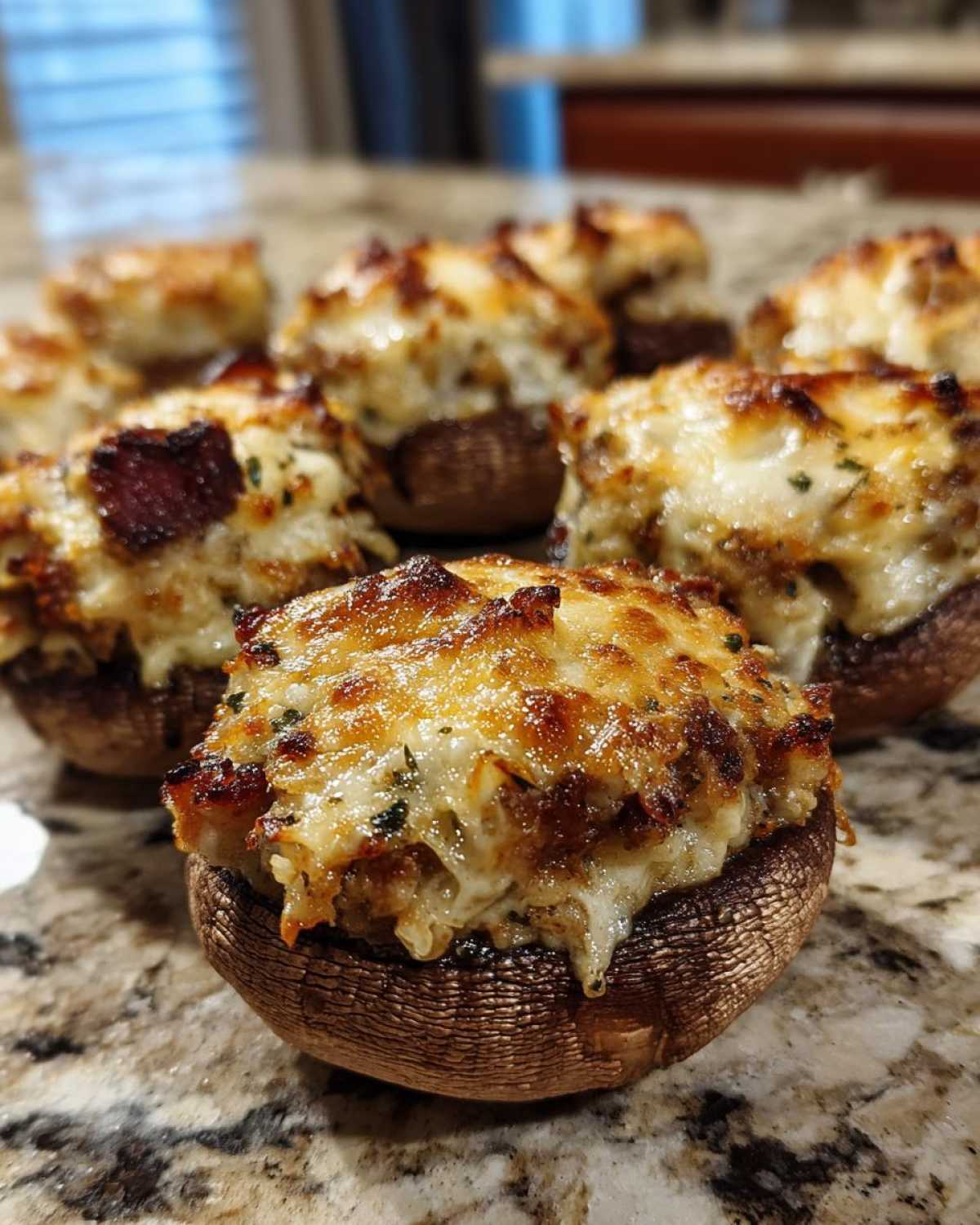 Close-up of baked sausage stuffed mushrooms with melted, browned cheese topping resting on a granite counter.