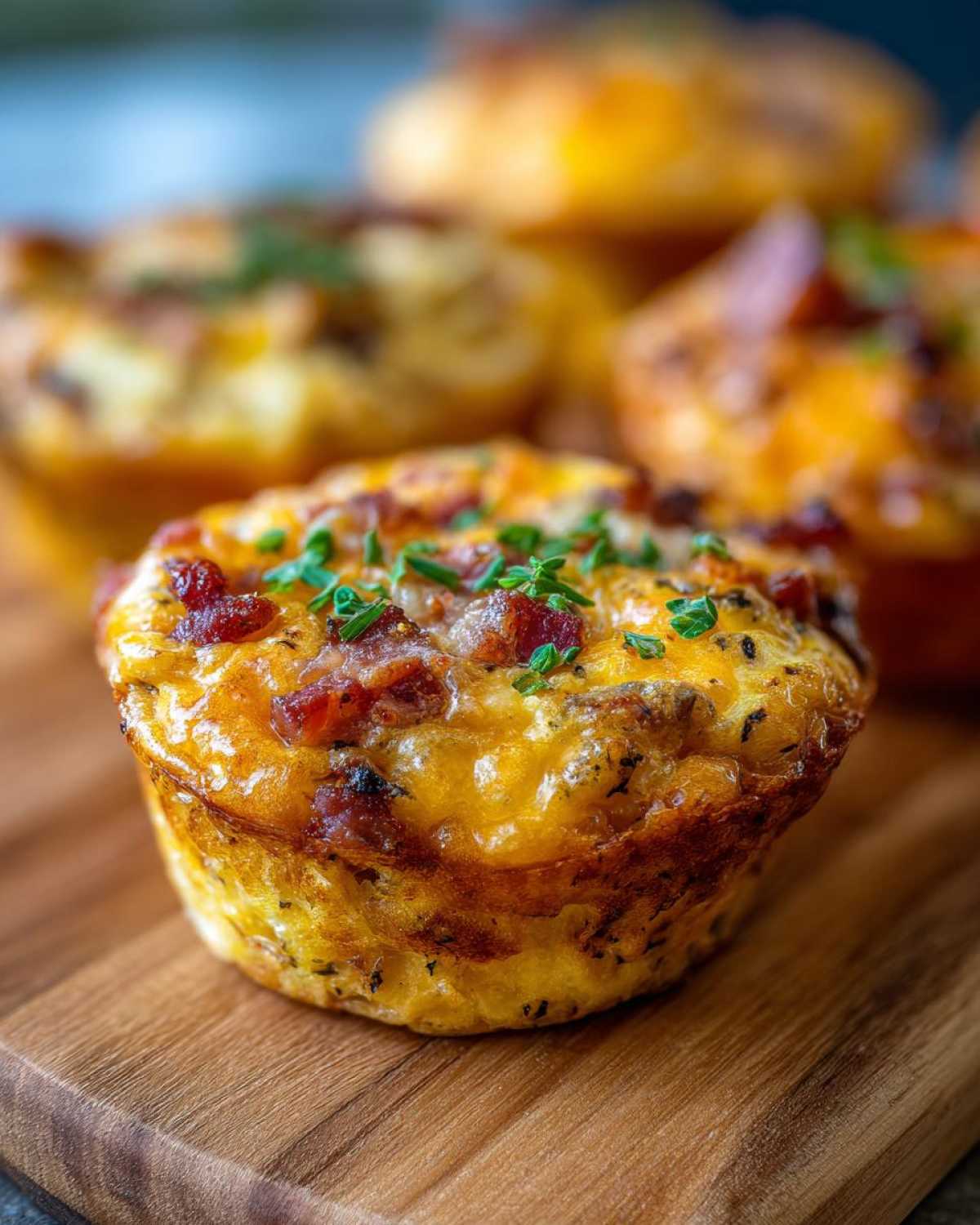 A close-up of a golden brown, savory egg muffin topped with melted cheese and bacon bits, garnished with chives.
