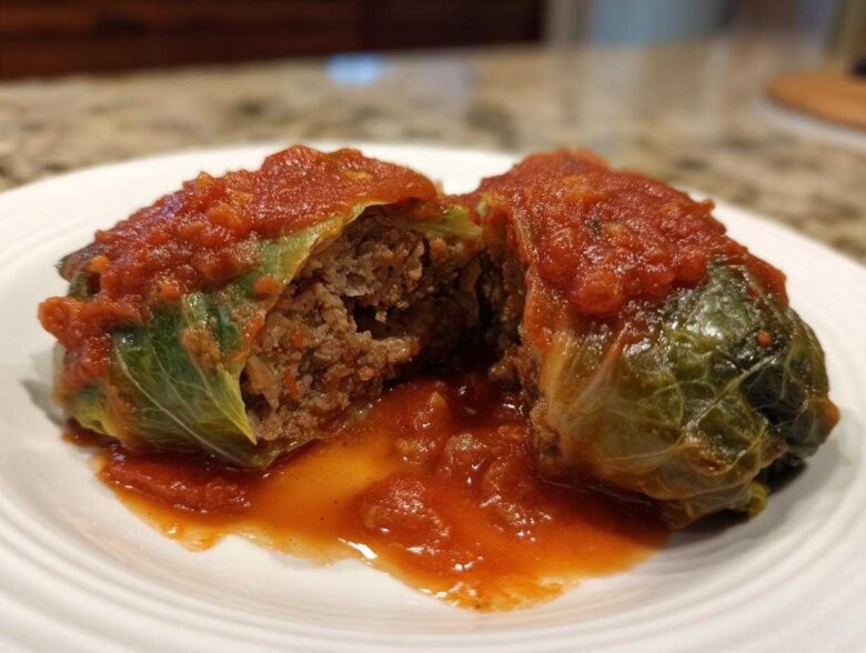 A halved cabbage roll showing the savory meat and rice filling, topped with rich tomato sauce.